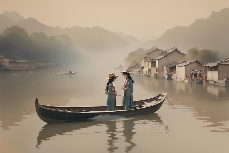 16579-3404003736-(1girl_1.2),Standing on a small boat,enjoying the beautiful scenery,human figures in traditional garb,interaction between humans.png